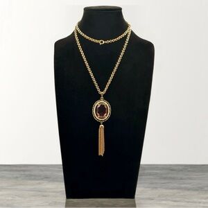 Vintage Avon Victorian Revival Amethyst Glass Tassel Pendant Necklace 30”